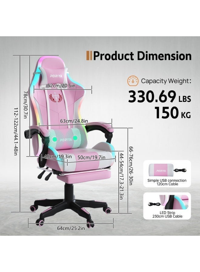 PORIYA Ergonomic Gaming Chair with Massage Lumbar Cushion & LED Lights, Adjustable Executive Office Chair with Footrest, 90–145° Recline, Height Adjustable, PVC Leather, 150kg Capacity (Pink Massage&LED) - Image 2